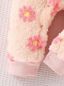 SHEIN 女婴碎花抓绒极简圆领长袖连体衣，配蝴蝶结发带，秋冬款 - 粉色 - 查看 7