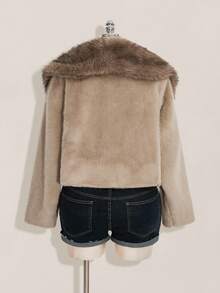 SHEIN ICON Plus Size Faux Fur Collar Jacket In Apricot, Warm Daily Wear For Autumn/Winter - Khaki - View 2
