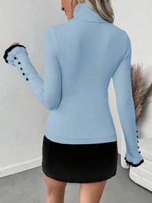 RosyDaze Women's Turtleneck Ruffle Button Design Long Sleeve Knit Pullover Sweater With Bow, Tight Fit Thermal Lining