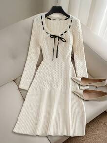 Franclia Elegant Black And White Autumn Tea Party Dress,Women's Square Neck Slim Fit A-Line Long Sleeve Contrast Color Knitted Dress For Wedding New Year - Beige - View 1