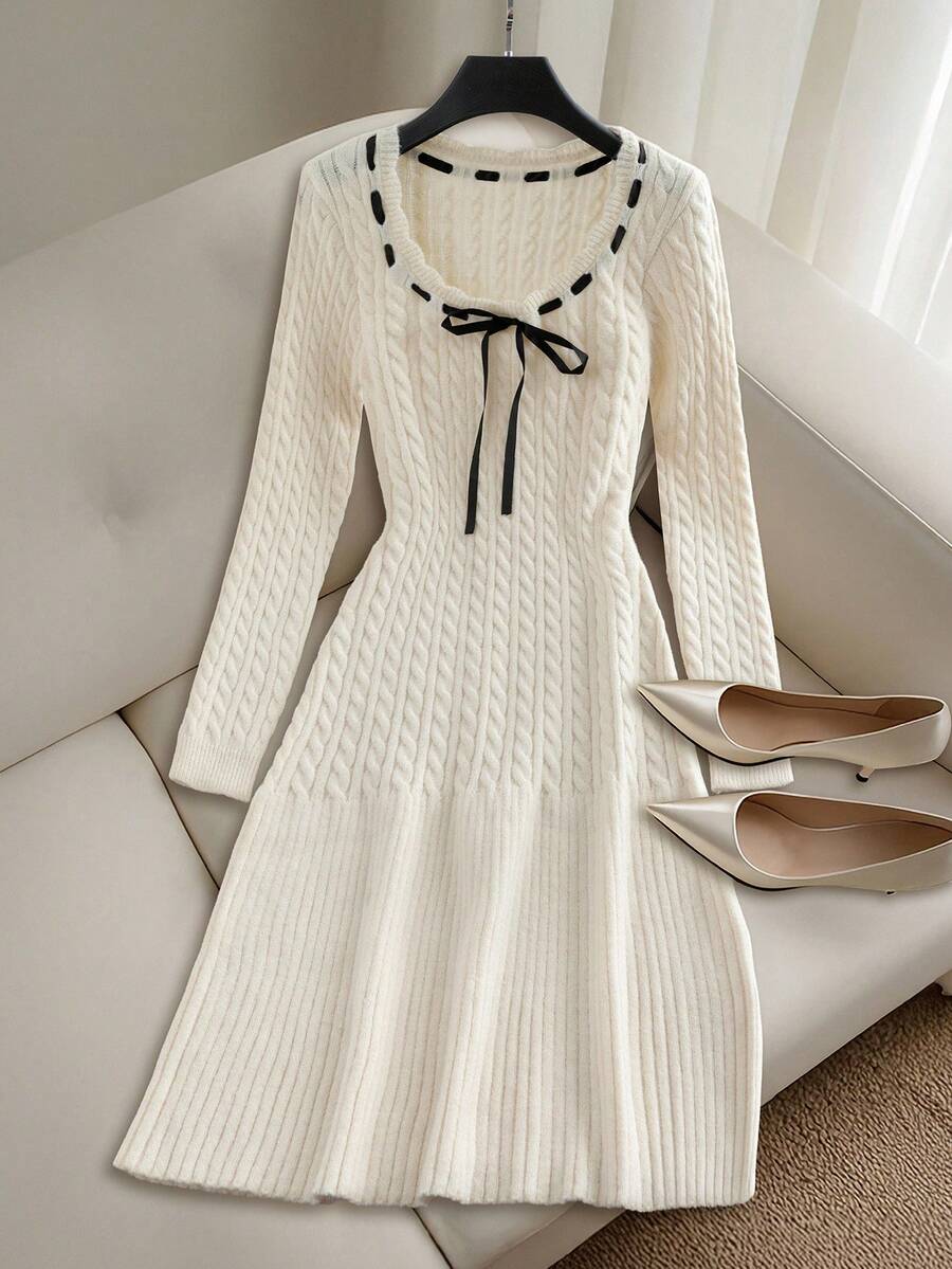 Franclia Elegant Black And White Autumn Tea Party Dress,Women's Square Neck Slim Fit A-Line Long Sleeve Contrast Color Knitted Dress For Wedding New Year - Beige - View 1