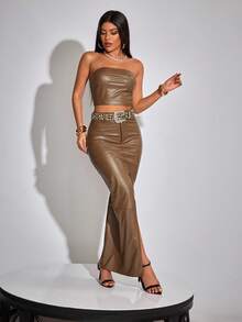 INAWLY 1 Set Modischer einfarbiger Damen PU-Leder ärmelloser Crop Top & Maxirock mit hohem Schlitz - Braun - Übersicht 6
