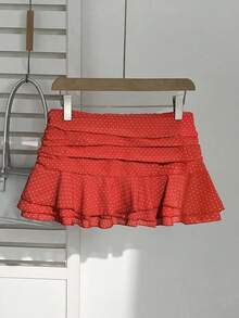 Elamini 时尚百褶分层装饰甜美设计裙，别致荷叶边波尔卡圆点度假风格裙 - 紅色 - 查看 2