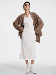 SHEIN LUNE White,Autumn,Elegant,Brunch Women's Luxurious Maxi Dress,Velvet Jacquard Leopard Spot V-Neck Long Sleeve Ruched Waist Fishtail Hem Party Wedding Gown - Beige - View 6