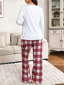 Moonlight&Mama 2pcs Nursing Maternity Sleepwear Set - Bow Print Long Sleeve Top And Plaid Pants, Casual Maternity Lounge Set Christmas Pajamas Women Maternity Pj Set For Women, Fall Winter Clothes - White - View 2