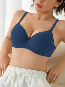 1 件女士纯色内衣文胸，带蝴蝶结装饰和钢圈 - 藍色 - 查看 6