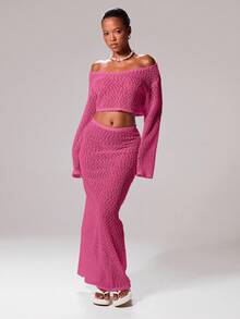 MUSERA Slash Neck Textured Knit Wide Long Sleeve Crop Top Cover Up Only Ibiza Sexy Vacation Holiday Spring Summer Beachwear Romantic Elegant Birthday