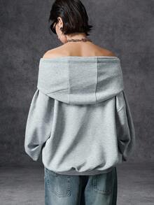 LYSMO Áo sweatshirt nữ dáng rộng vai rớt màu trơn tối giản phong cách thu đông 2025, áo sweatshirt oversized màu xám, áo hoodie nữ màu xám. - Màu Xám nhạt - Xem 2