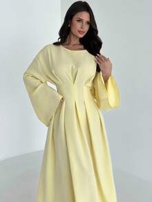 Firerie 女士优雅简约精致日常时尚通勤返校季教师装腰部褶饰喇叭长袖奶油黄色长裙 - 淡黃色 - 查看 8