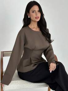 Firerie 女士优雅通勤休闲复古竹纹圆领长袖收腰褶皱 X 型常规衬衫，适合秋冬季、工作、旅行、毕业、日常穿着 - 咖啡棕 - 查看 6