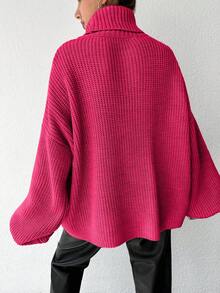 EURMUSE Women Casual Solid Color High Neck Drop Shoulder Loose Knit Sweater, Autumn/Winter - Hot Pink - View 2