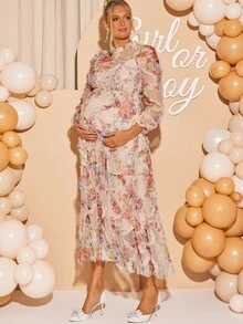 Loomaby Maternity Floral Print Lantern Sleeve Ruffle Hem Elegant Dress,Gender Reveal Dress,Maternity Dress, Baby Shower Dress - Pink - View 3