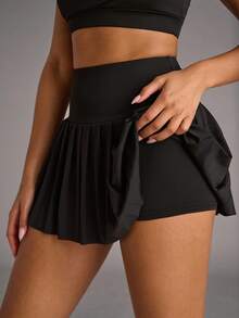 SHEIN BAE Summer Solid Color Cropped Halter Top And Pleated Skirt Sports Two-Piece Set Workout Women Set Gym Women Outfit - Black - View 4