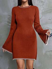 EURMUSE Women Color Block Sweater Dress With Striped Edges,Petite - Chocolate Brown - View 5