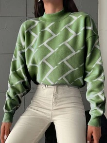 EURMUSE Women's Plaid Stand Collar Drop Shoulder Casual Loose Sweater, Fall Winter