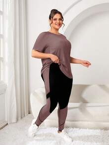 Rhythm Era Plus Size Women's Round Neck Raglan Sleeve Casual Summer Short Sleeve Top And Slim Fit Contrast Color Pants Set Plus Size Activewear Set Plus Size Workout Set Curve Activewear Set Active Legging Set Short Sleeve Workout Set Plus Active Wear Set Plus Activewear Set Yoga Set Activewear Legging Set Brown Activewear Set - Multicolor - View 5
