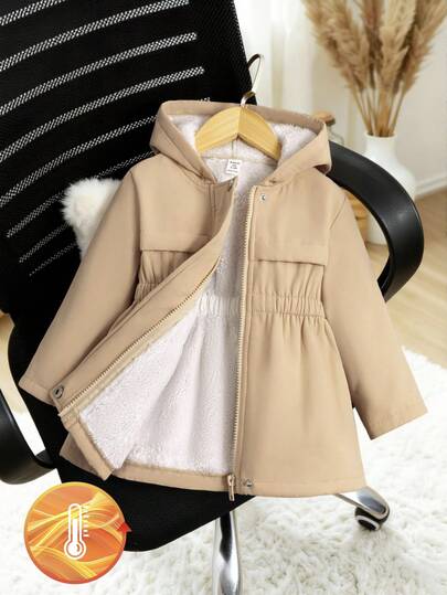 SHEIN Baby Girl Solid Color Long Sleeve Zipper Front Hooded Fleece Casual Winter Jacket