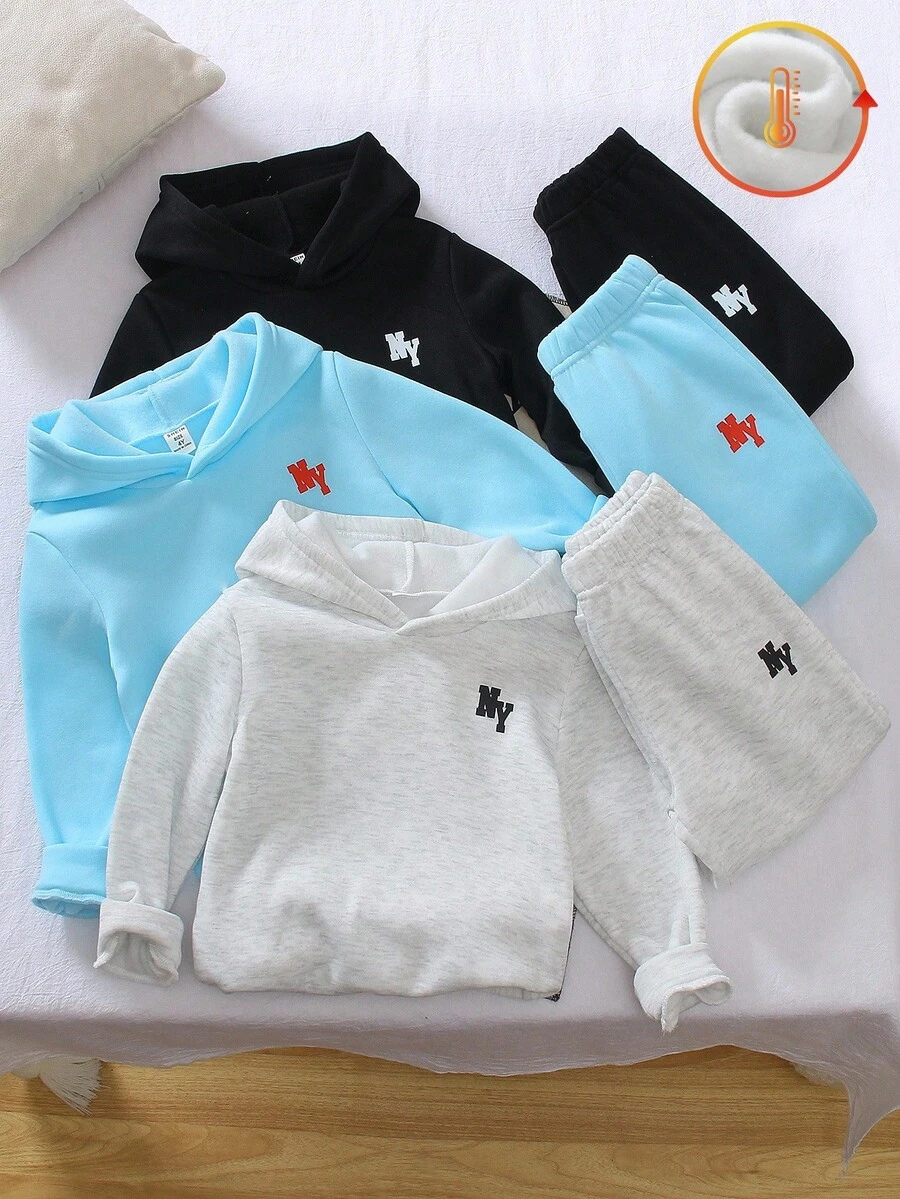 SHEIN Genkimix Kids 3件組小男孩休閒字母印花連帽衛衣與寬鬆長褲套裝,高品質柔軟面料,時尚百搭,適合學校、外出、假期、派對、返校季穿著 - 彩色 - 查看 1