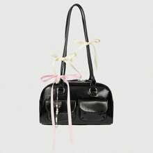 ROMWE Kawaii Sac à bandoulière/sous-bras rétro mignon pour femmes avec motif à carreaux, nœud papillon et décoration en forme de cœur de cerise. Sac Boston à plusieurs poches pour l'épaule