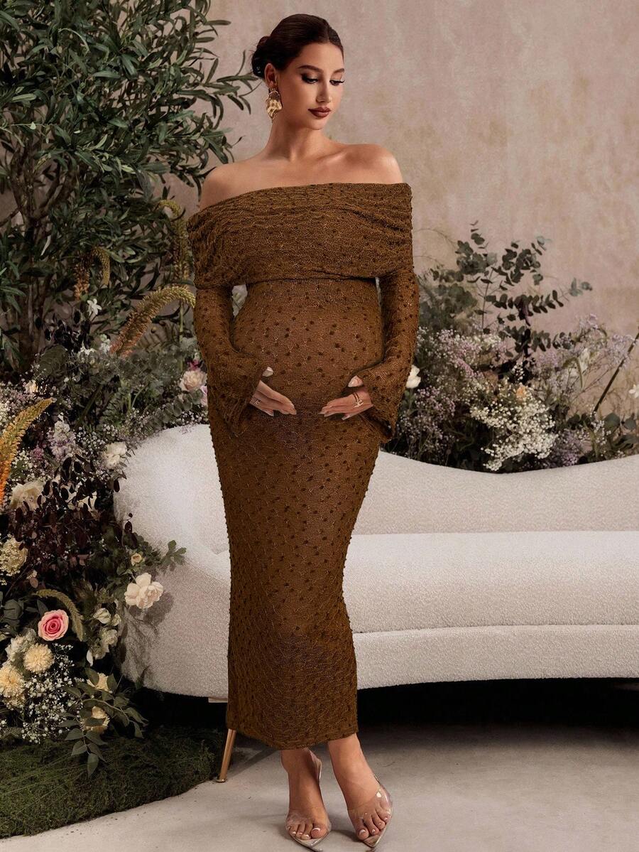 MaterniChic Elegant Party Solid Color Off Shoulder Flare Sleeve Maternity Dress Brown Pregnancy Photoshoot Women Long Off-Shoulder Midi - Brown - View 1