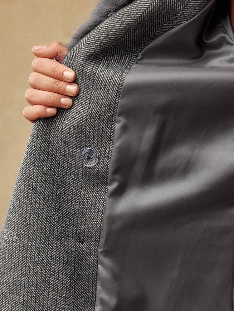 CAPPOTTO INVERNALE DA DONNA IN LANA CON COLLETTO IN PELLICCIA SINTETICA, AUTUNNO/INVERNO