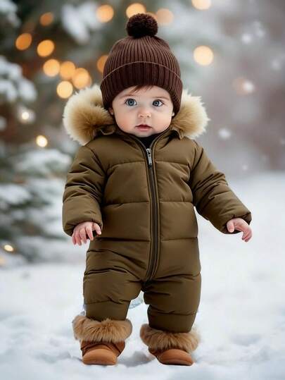 SHEIN Baby Boys Thermal Lined Hooded Jumpsuit With Faux Fur Collar, Green Long Sleeve Romper, Warm & Comfortable All-In-One Outfit, Suitable For Indoor, Outdoor, Skiing, Daily Wear, Sports, Play, Party Streetwear, Festival, Halloween, Christmas, New Year Fall Winter Winter Clothes Baby Boy Baby Boy Snowsuit Baby Hooded Quilted Footed Snowsuit