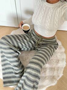 Aloruh Women's Vintage Striped Knit Low Waist Wide Leg Pants, Autumn/Winter