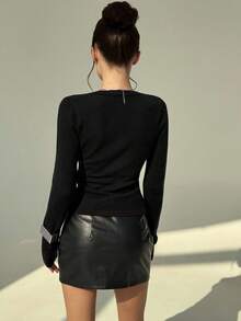 Aloruh Damen Sexy Tiefer V-Ausschnitt Slim Fit Langarm Strickpullover, schick und minimalistisch für Ausgänge, Herbst/Winter - Schwarz - Übersicht 2