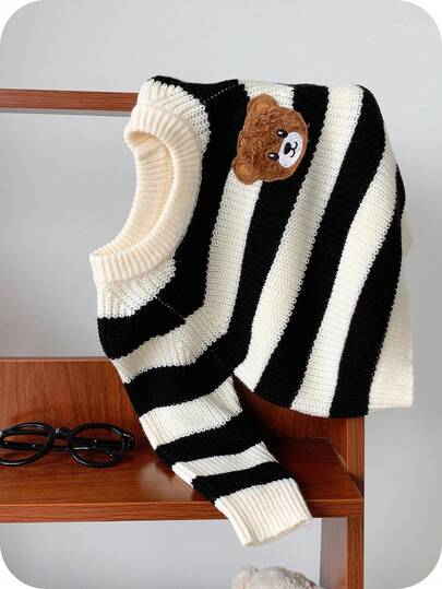 SHEIN 婴幼儿男女通用黑白条纹针织毛衣，带有可爱的 3D 熊图案，柔软舒适的休闲套头衫，适合室内、户外、日常穿着、运动、玩耍、派对、拍照、节日、返校、街头服饰、万圣节、秋冬