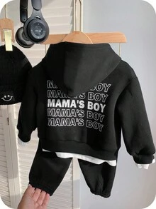 SHEIN Leap Crew 2 件装男婴/女婴百搭蓝白休闲连帽衫和宽松长裤套装，适合秋冬季，适合上学、居家或户外 - 黑色 - 查看 1