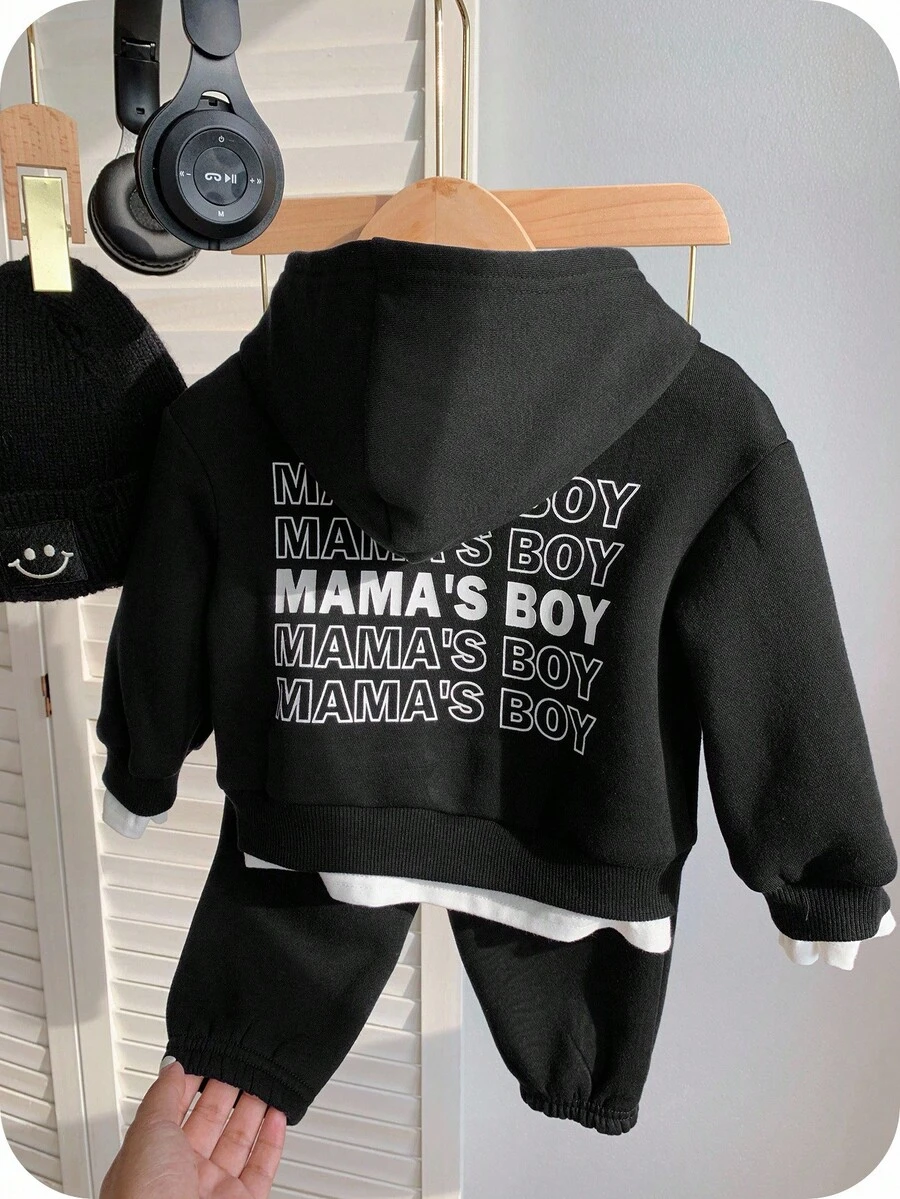 SHEIN Leap Crew 2 件装男婴/女婴百搭蓝白休闲连帽衫和宽松长裤套装，适合秋冬季，适合上学、居家或户外 - 黑色 - 查看 1