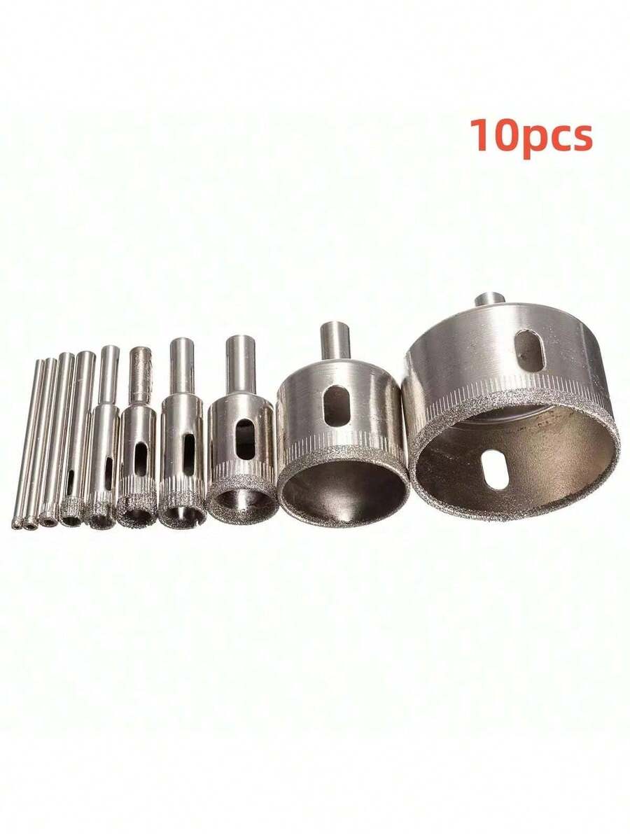 10Pcs Diamond Drill Bit Set 3mm-50mm Coated Hole Saw Drill Bits For Tile, Marble, Glass, Ceramic Hole Openers - Silver - View 1