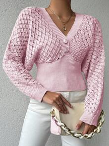 EURMUSE V-Neck Hollow-Out Button Detail Knit Pullover - Baby Pink - View 2