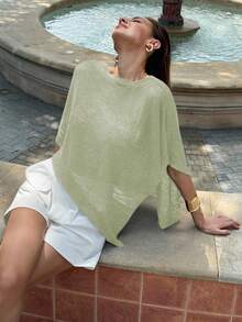 Aloruh 全新时尚杏色百搭针织提花镂空连体挂脖披肩领多穿度假风轻薄罩衫披肩上衣 - 薄荷綠 - 查看 6