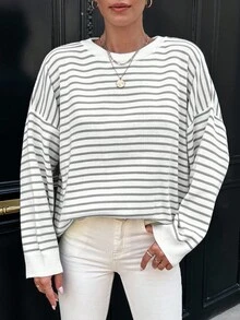 EURMUSE Women's Striped Drop Shoulder Sweater - Light Grey - View 4