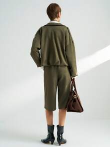 Airaco 女士纯色落肩长袖拉链外套和百慕大短裤休闲两件套，秋季 - 軍綠色 - 查看 6