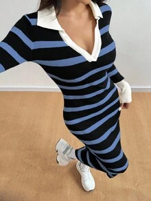 Flirla Vestido de punto ajustado de manga larga con cuello en V a rayas para mujer en otoño