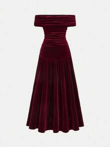 Elegant Burgundy Velvet Patchwork Ruffle Hem Off Shoulder Dress, Party/Formal Gown For Teen Girls, Suitable For Christmas, Halloween, New Year Elegant Teen Dress Velvet Dress Evening Wear Teen - Burgundy - View 5