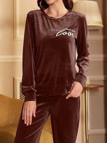SHEIN Contrast Color Letter Embroidery Casual Velvet Sweatshirt And Pants Set, Winter Clothes, Cozy - Brown - View 3