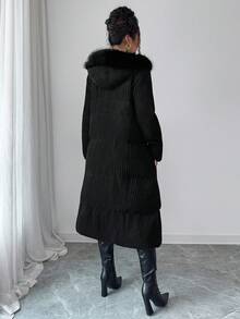 SHEIN Clasi 标准尺寸女式蓬松拼接连帽束腰 A 字形灯芯绒长款夹棉大衣，秋冬 - 黑色 - 查看 2