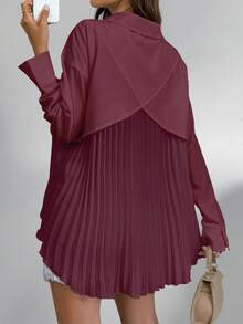 SHEIN LUNE 女式纯色纽扣长袖衬衫，后背有褶，日常休闲女式衬衫 - 酒紅色 - 查看 4