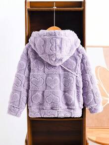 SHEIN 甜美纯色仿皮草外套，适合年轻女孩，饰有3D心形纹理图案，柔软可爱，适合秋冬 - 紫色 - 查看 2