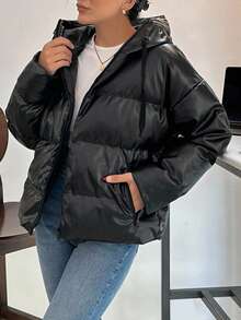 EURMUSE 纯色连帽拉链长袖夹克，冬季 - 黑色 - 查看 1