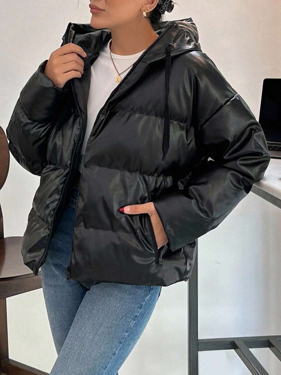 EURMUSE 纯色连帽拉链长袖夹克，冬季 - 黑色 - 查看 1