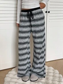 Aloruh Women's Vintage Striped Knit Low Waist Wide Leg Pants, Autumn/Winter - Black and White - View 1