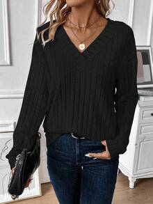 Calvaya 女式罗纹 V 领运动衫、长袖上衣 - 黑色 - 查看 3