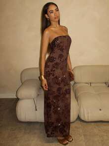 Glamine Váy quây in hoa mùa thu dành cho nữ - màu nâu - Xem 2