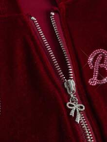 Betty Boop | ROMWE Y2K 天鹅绒卫衣和裤子字母图案水钻装饰 2 件套女款 - 酒紅色 - 查看 5