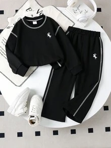 SHEIN 2件套女童黑色刺绣长袖圆领卫衣套装，卡通可爱儿童服装，秋冬款 - 黑色 - 查看 3