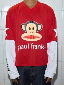 ROMWE MEN Paul Frank X ROMWE 男士休闲日常时尚街头猴子与字母图案透气舒适 T 恤，春秋季 - 紅色 - 查看 3